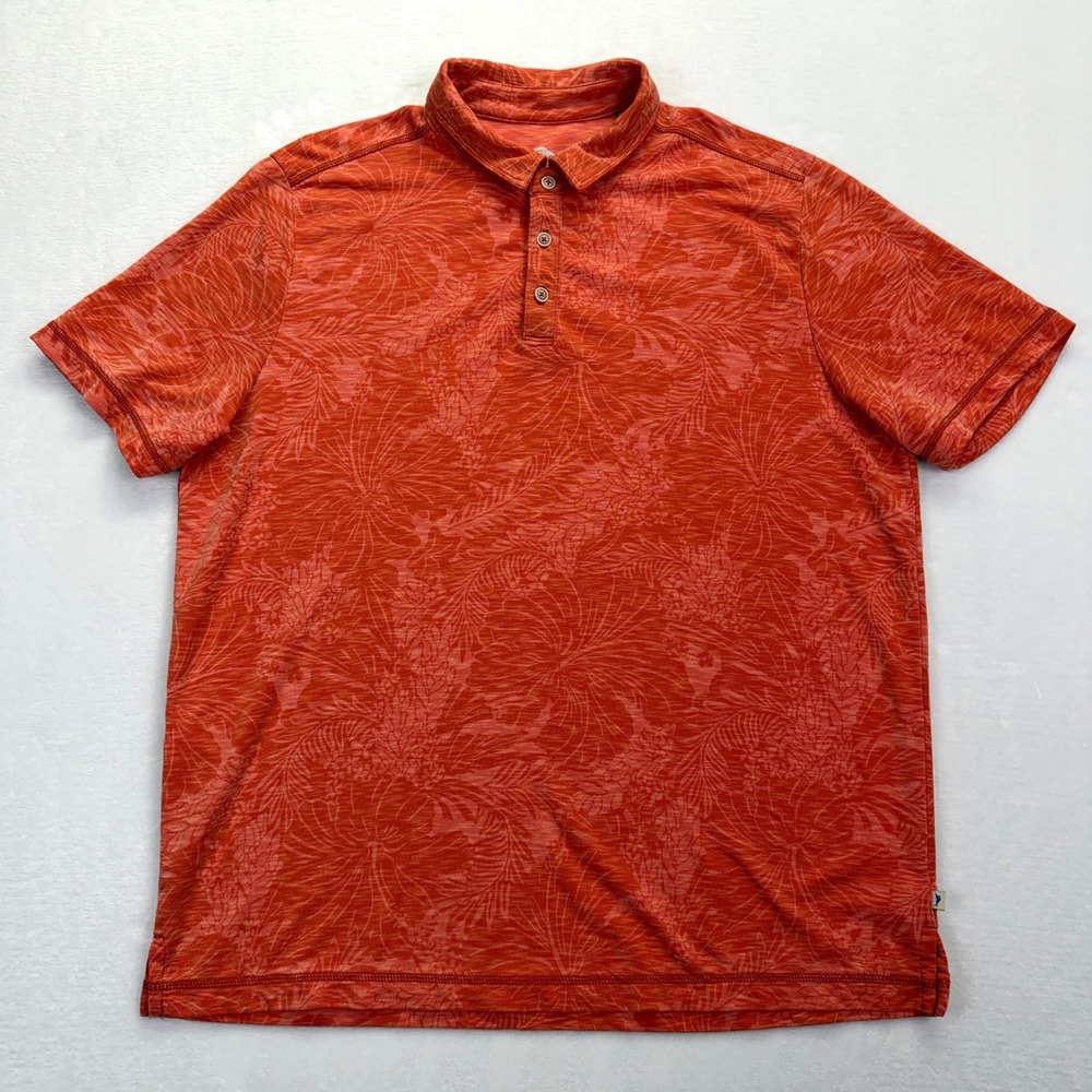 Tommy Bahama Mens XL Orange Tropical Palm Print Tencel Blend Polo Shirt